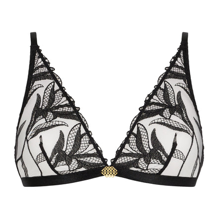 Black lace bra with floral patterns on a white background