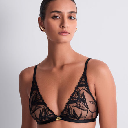 Woman wearing a black lace bra against a plain background