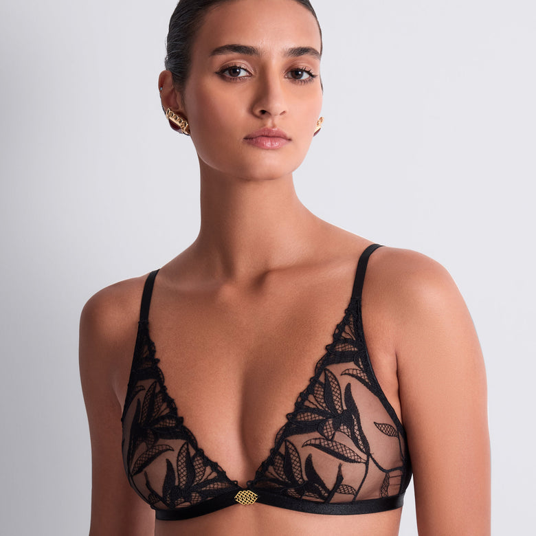 Woman wearing a black lace bra against a plain background