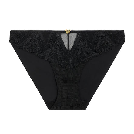 Black lace-trimmed underwear on a white background