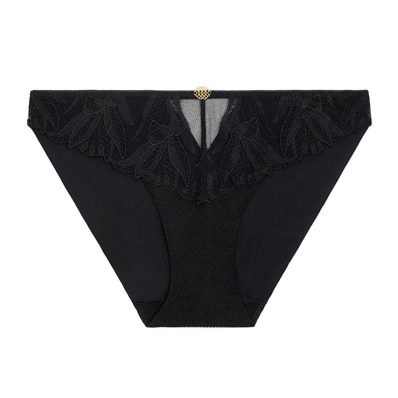 Black lace-trimmed underwear on a white background