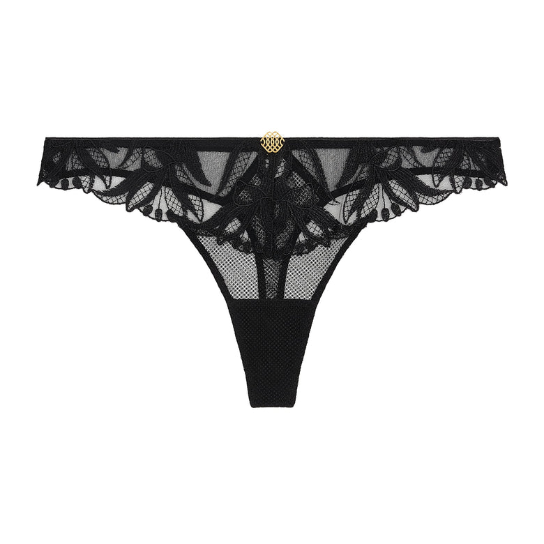 Black lace thong on a white background