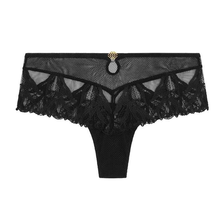Black lace thong on a white background