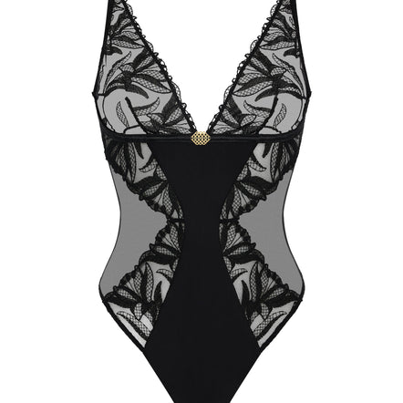 Black lace lingerie set on a white background