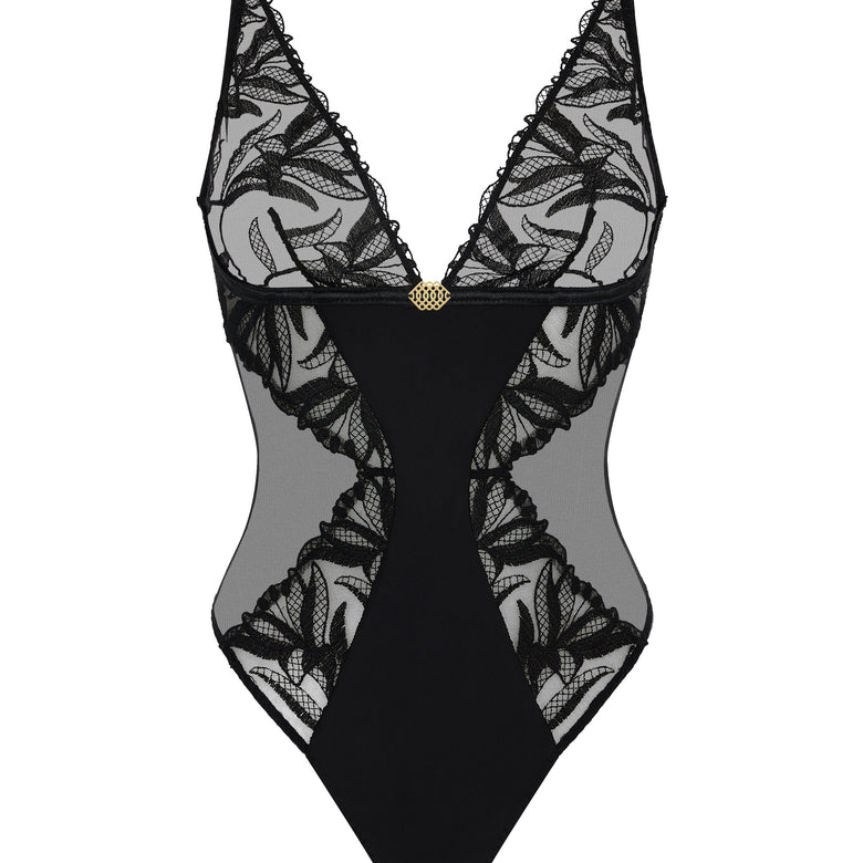 Black lace lingerie set on a white background