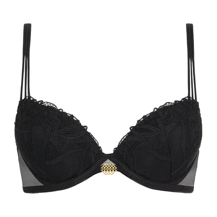 Black bra with floral lace details on a white background