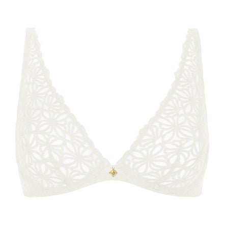 White bikini top with cut-out design on a white background
