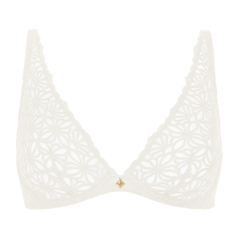 White bikini top with cut-out design on a white background