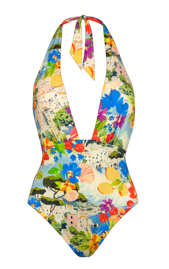 Colorful swimsuit with a scenic print on a white background