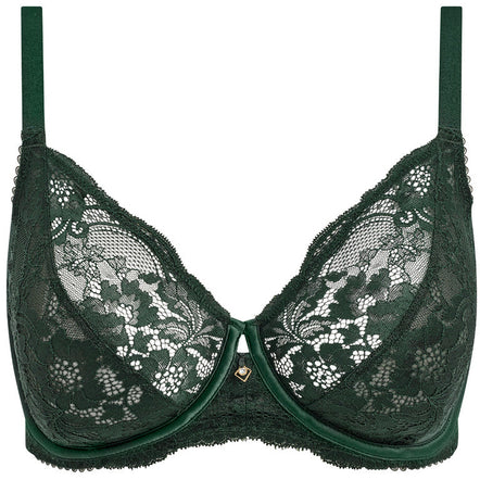 Green lace bra on a white background