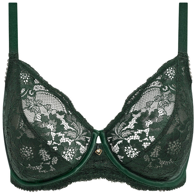 Green lace bra on a white background