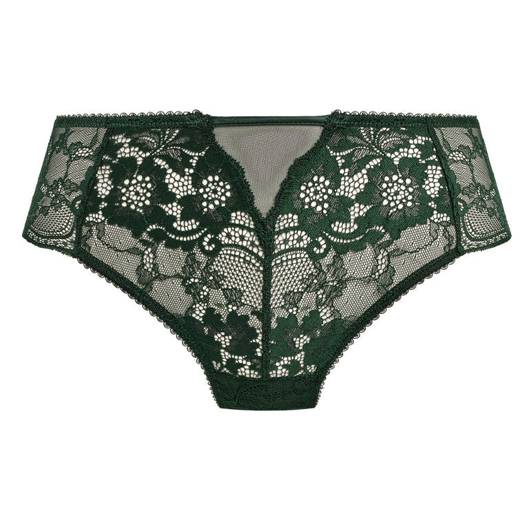 Green lace underwear with floral patterns on a white background