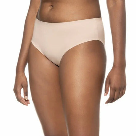 Person wearing beige high-waisted bikini bottoms on a white background