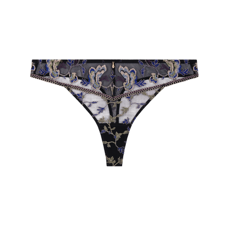Black lace thong with a blue and beige floral pattern, featuring a decorative chain-link waistband and a central zipper.