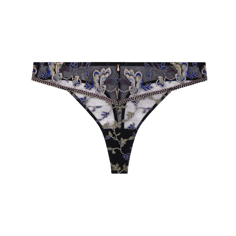 Black lace thong with a blue and beige floral pattern, featuring a decorative chain-link waistband and a central zipper.