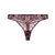A pair of women's thong underwear featuring a dark purple and pink floral pattern with gold accents, a decorative embroidered waistband, and a small central hanging charm, shown against a plain white background.