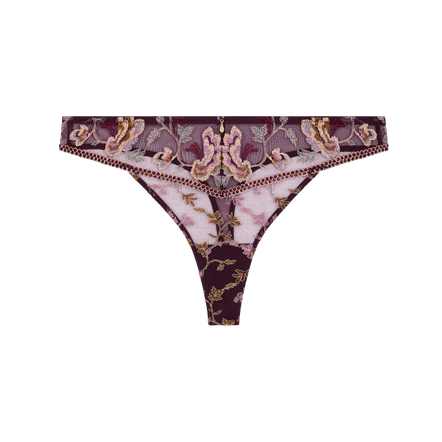 A pair of women's thong underwear featuring a dark purple and pink floral pattern with gold accents, a decorative embroidered waistband, and a small central hanging charm, shown against a plain white background.
