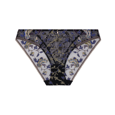 Black lace and mesh panties with blue and gold floral embroidery and beige trim, shown flat on a white background.