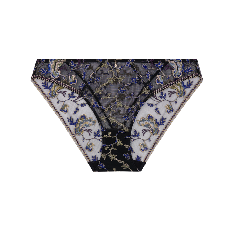 Black lace and mesh panties with blue and gold floral embroidery and beige trim, shown flat on a white background.