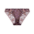 A pair of women's lace panties featuring a floral and vine pattern in dusty purple, pink, and gold, with a solid dark purple waistband and trim.