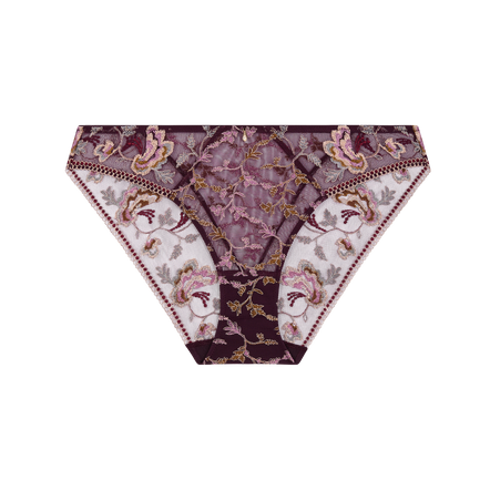 A pair of women's lace panties featuring a floral and vine pattern in dusty purple, pink, and gold, with a solid dark purple waistband and trim.