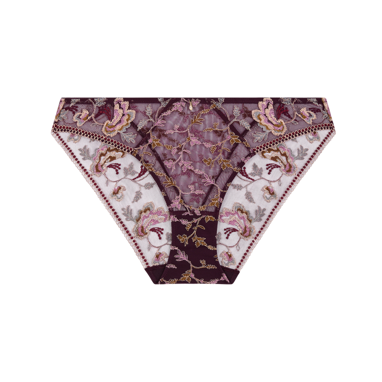 A pair of women's lace panties featuring a floral and vine pattern in dusty purple, pink, and gold, with a solid dark purple waistband and trim.