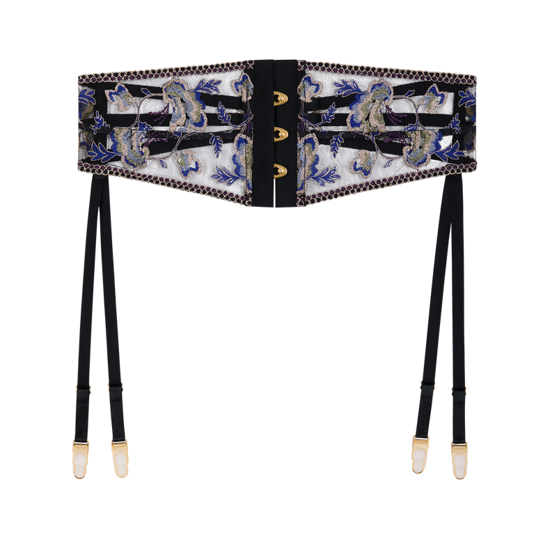 A wide waist belt with an intricate blue and gold floral pattern on a white background, featuring black suspenders with gold-toned metal clips.
