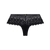 Black lace and mesh panties with a ruffled floral lace hem and a small gold button at the center front, shown on a plain white background.