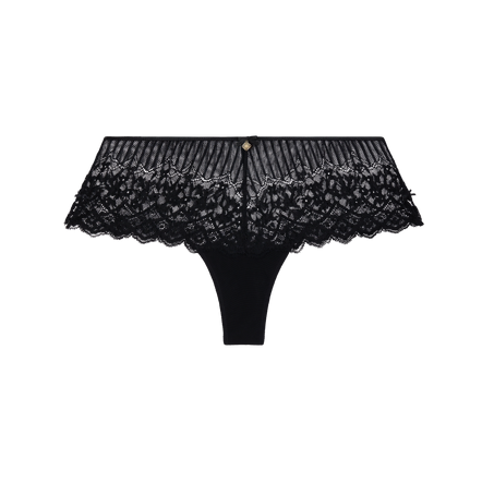 Black lace and mesh panties with a ruffled floral lace hem and a small gold button at the center front, shown on a plain white background.