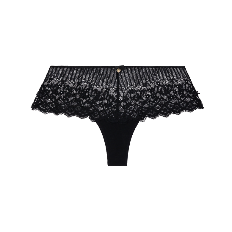 Black lace and mesh panties with a ruffled floral lace hem and a small gold button at the center front, shown on a plain white background.