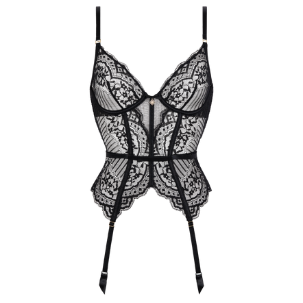 Black lace corset-style lingerie top with thin shoulder straps, sheer floral lace panels, structured cups, and long hanging garter straps on a plain white background.