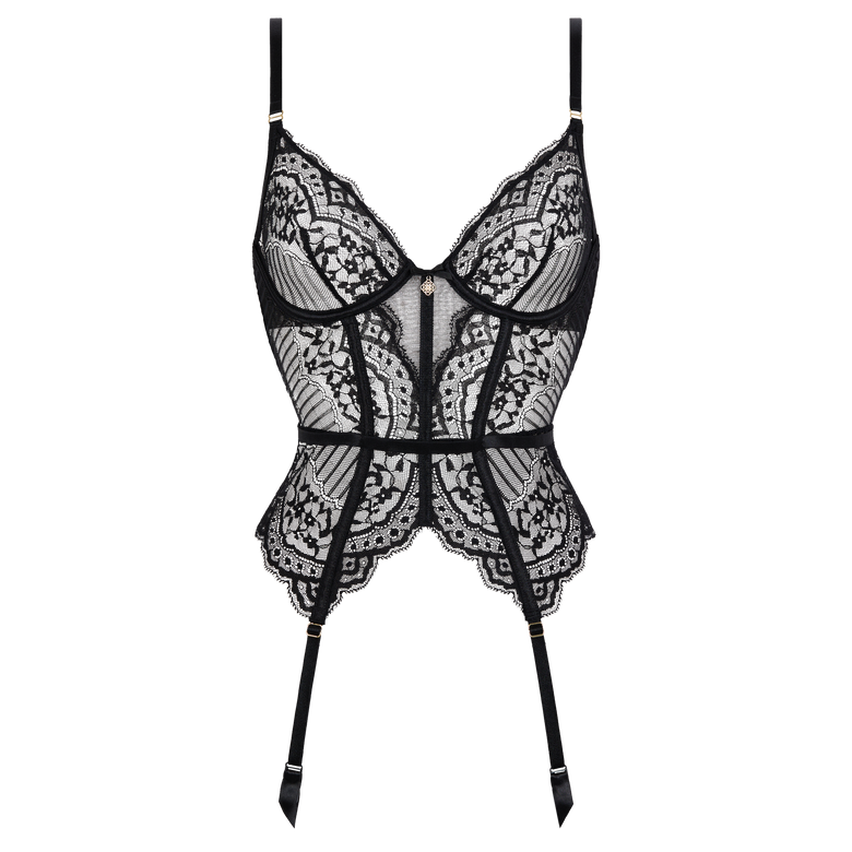 Black lace corset-style lingerie top with thin shoulder straps, sheer floral lace panels, structured cups, and long hanging garter straps on a plain white background.
