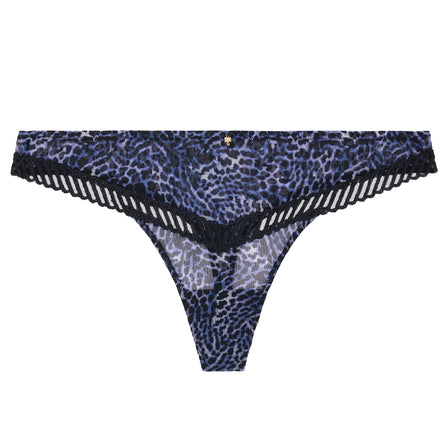 Blue and black leopard print lace thong underwear with a small gold logo on the front center, displayed on a solid white background.