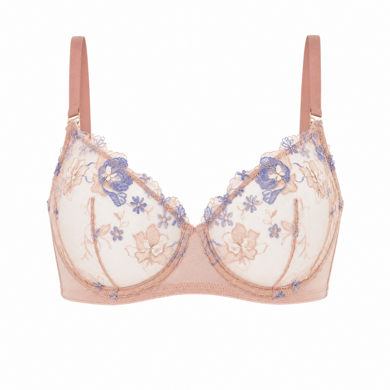 Floral embroidered bra on a white background