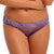 Purple lace underwear worn by a person on a white background
