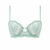 A mint green and white lace underwire bra with thin shoulder straps and a small gold ring at the center, shown against a plain white background.