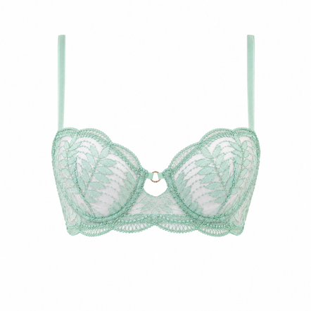 A mint green and white lace underwire bra with thin shoulder straps and a small gold ring at the center, shown against a plain white background.