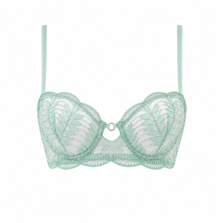 A mint green and white lace underwire bra with thin shoulder straps and a small gold ring at the center, shown against a plain white background.