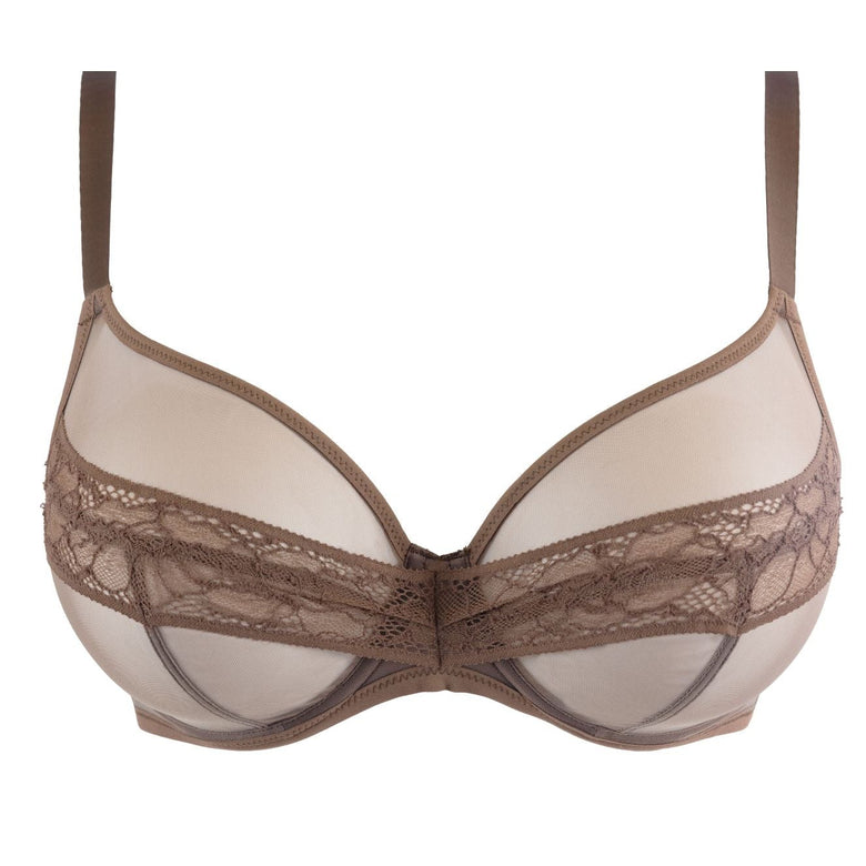 A sheer nude mesh and lace bra with brown trim and straps, shown against a plain white background.