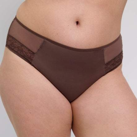 A close-up of a model wearing brown high-waisted briefs with sheer mesh side panels and lace trim, photographed against a light gray studio background.