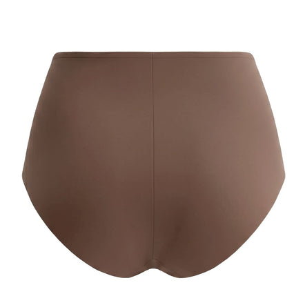 A pair of high-waisted shapewear briefs in a solid medium brown color, shown from the back against a light gray background.