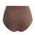 A pair of high-waisted shapewear briefs in a solid medium brown color, shown from the back against a light gray background.
