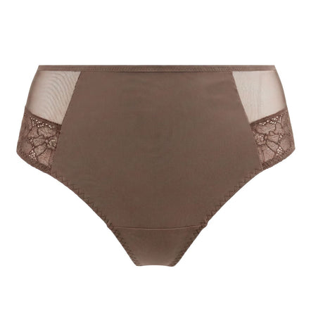 A pair of high-waisted brown underwear with sheer mesh side panels and lace trim, shown against a plain white background.
