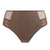 A pair of high-waisted brown underwear with sheer mesh side panels and lace trim, shown against a plain white background.