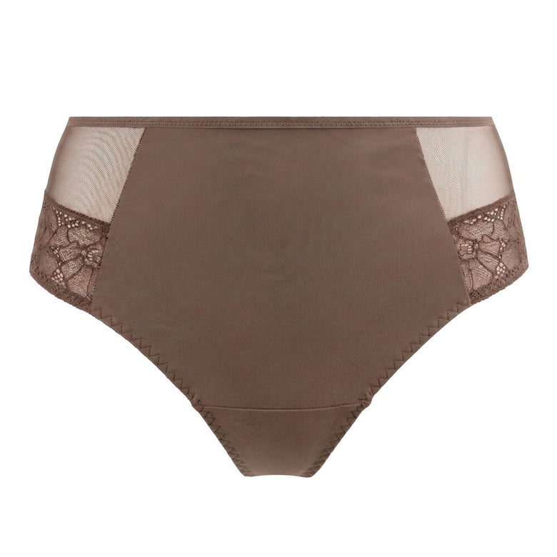 A pair of high-waisted brown underwear with sheer mesh side panels and lace trim, shown against a plain white background.