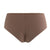A pair of high-waisted bikini bottoms in a solid taupe brown color, shown from the front against a plain white background.