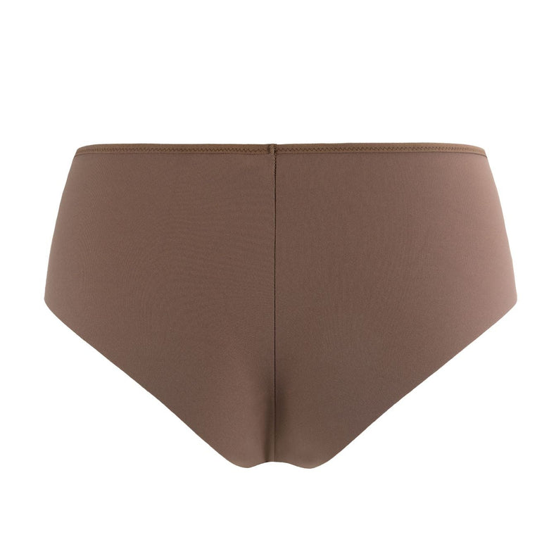A pair of high-waisted bikini bottoms in a solid taupe brown color, shown from the front against a plain white background.