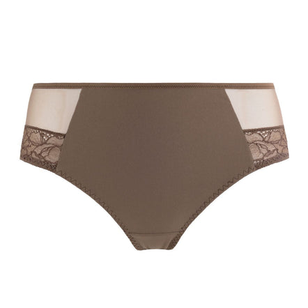 A pair of women's high-waisted briefs in a taupe brown color, featuring sheer nude mesh side panels and matching lace trim on the hips, shown against a plain white background.