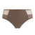 A pair of women's high-waisted briefs in a taupe brown color, featuring sheer nude mesh side panels and matching lace trim on the hips, shown against a plain white background.