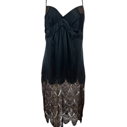 Black dress with lace detailing on a white background